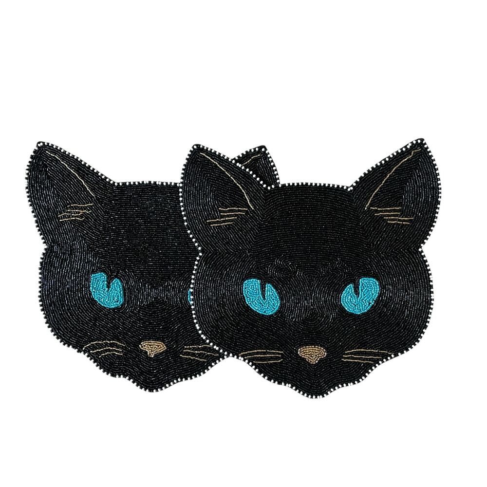 2pc Halloween BLACK CAT Beaded Placemat Charger 14" Christian Lacroix Spooky New
